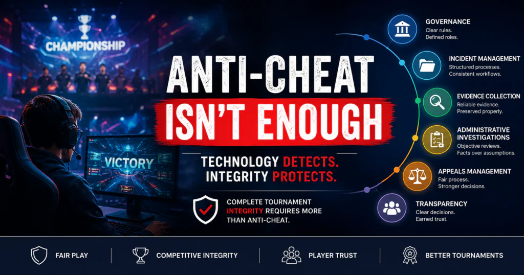 Anti-Cheat Isn't Enough illustration showing Tournament Integrity through governance, incident management, evidence collection, investigations, appeals, and transparent decision-making.