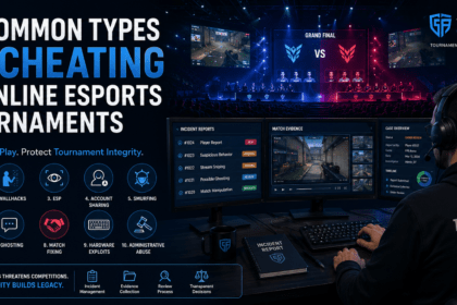 Illustration showing the 10 most common types of cheating in online esports tournaments, including aimbots, wallhacks, account sharing, stream sniping, and match fixing, highlighting tournament integrity best practices.