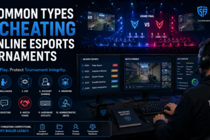 Illustration showing the 10 most common types of cheating in online esports tournaments, including aimbots, wallhacks, account sharing, stream sniping, and match fixing, highlighting tournament integrity best practices.