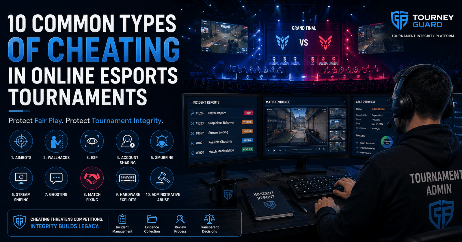 Illustration showing the 10 most common types of cheating in online esports tournaments, including aimbots, wallhacks, account sharing, stream sniping, and match fixing, highlighting tournament integrity best practices.