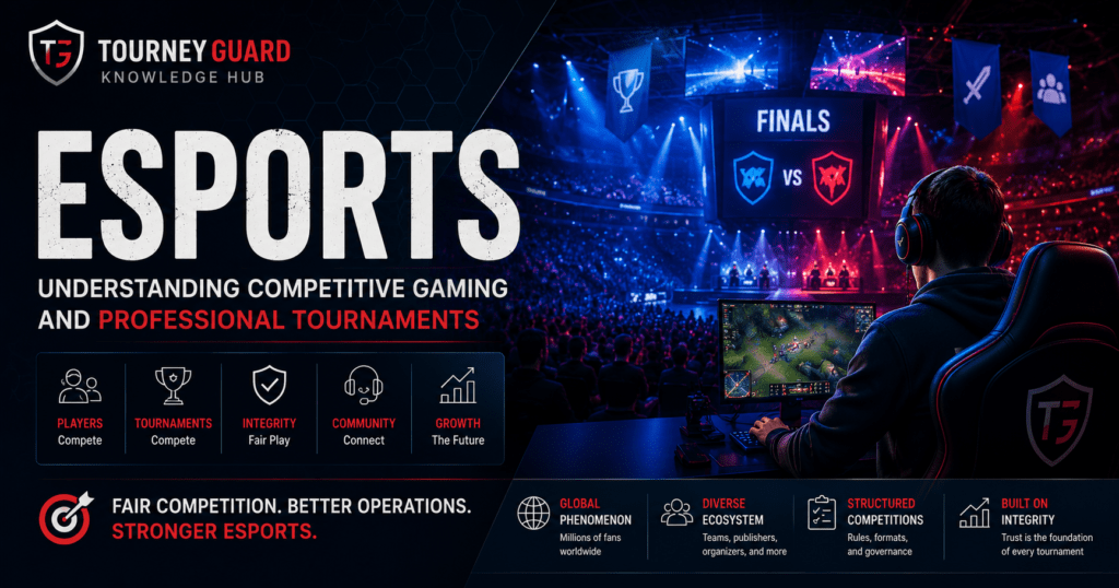 Esports arena showcasing professional competitive gaming, tournament organizers, players, and Tournament Integrity in modern esports competitions.