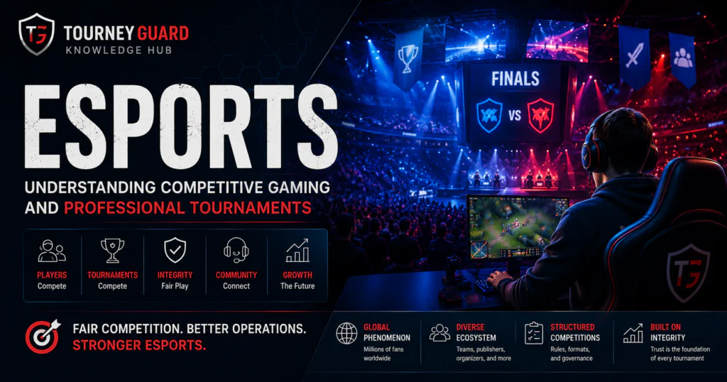 Esports arena showcasing professional competitive gaming, tournament organizers, players, and Tournament Integrity in modern esports competitions.