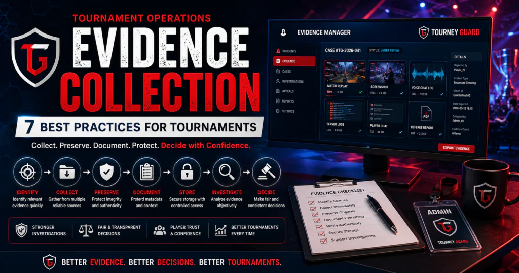 Evidence Collection workflow illustrating how tournament organizers collect, preserve, document, secure, and review evidence to support fair investigations and Tournament Operations.