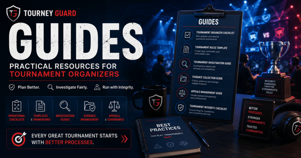 Guides for esports tournament organizers featuring practical resources for Tournament Operations, Tournament Integrity, Incident Management, Evidence Collection, and governance best practices.