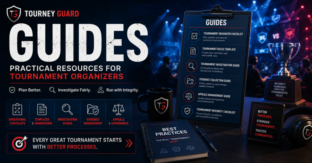 Guides for esports tournament organizers featuring practical resources for Tournament Operations, Tournament Integrity, Incident Management, Evidence Collection, and governance best practices.