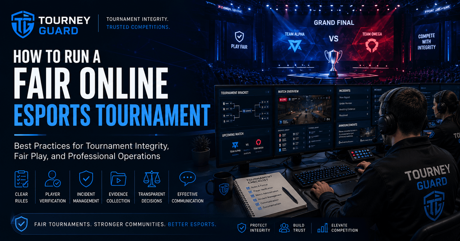 Professional esports organizers managing a fair online esports tournament through player verification, incident management, evidence collection, and transparent tournament operations.