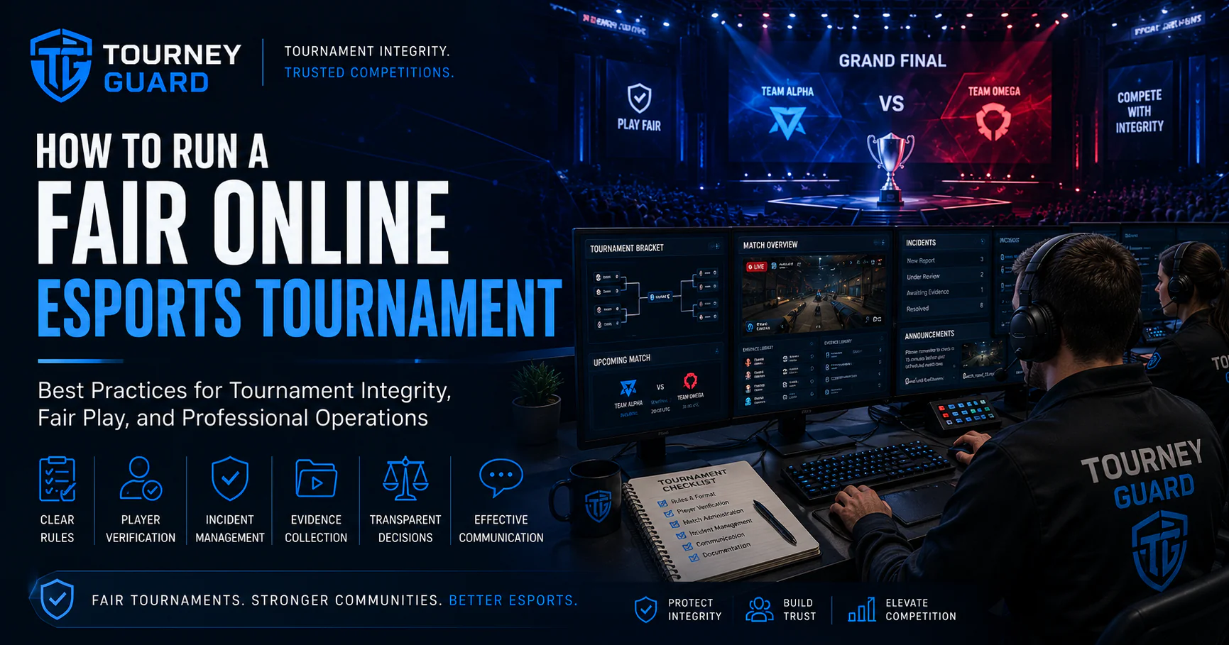 Professional esports organizers managing a fair online esports tournament through player verification, incident management, evidence collection, and transparent tournament operations.
