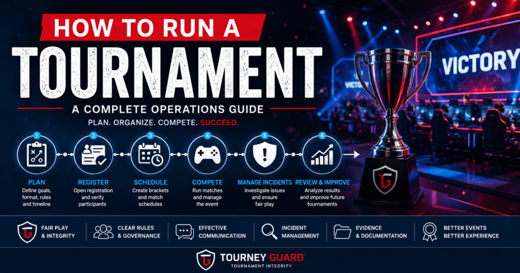How to Run a Tournament infographic illustrating the complete Tournament Operations workflow, from planning and registration to match administration, Incident Management, and post-tournament review.