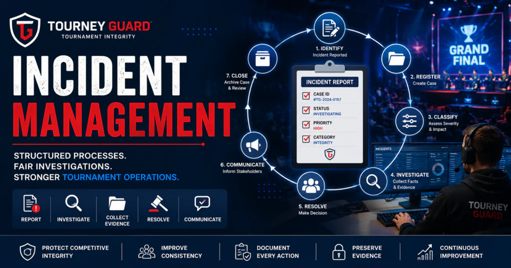 Incident Management workflow illustrating how tournament organizers report, investigate, classify, resolve, and document incidents to strengthen Tournament Operations and Tournament Integrity.