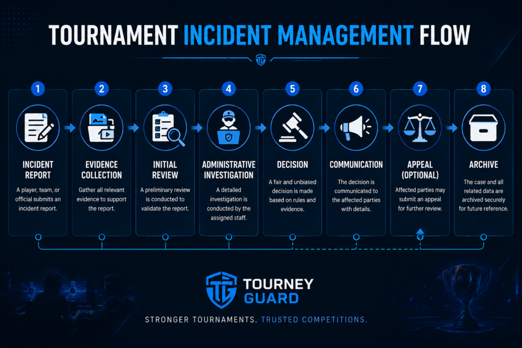 How to Run a Fair Online Esports Tournament using a Tournament Incident Management workflow showing the complete incident lifecycle from incident report and evidence collection to investigation, decision, communication, optional appeal, and archive.