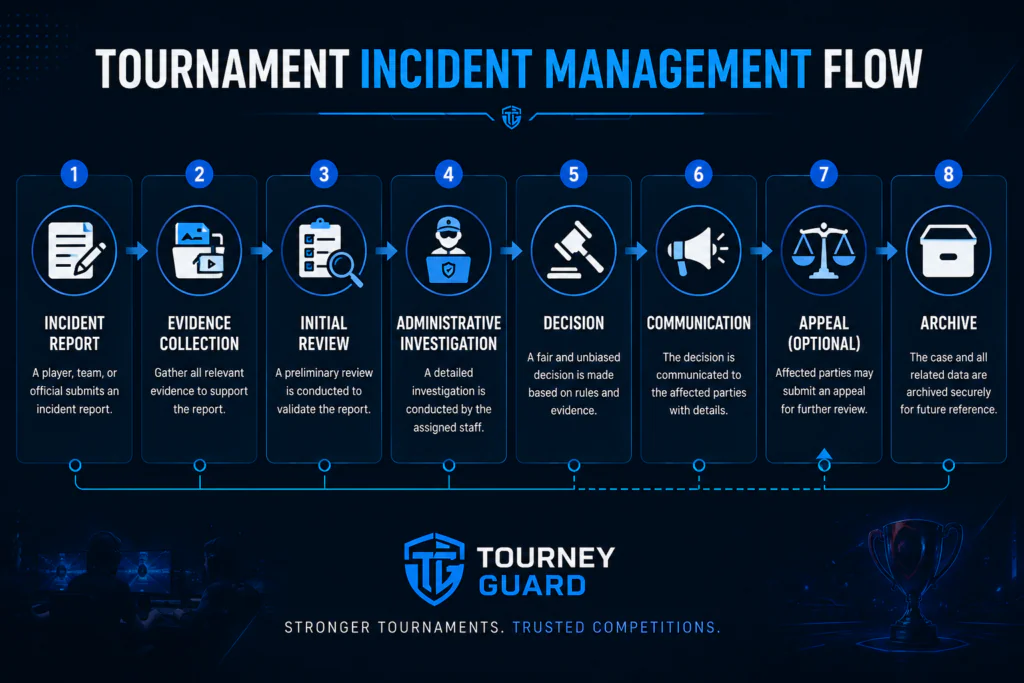 How to Run a Fair Online Esports Tournament using a Tournament Incident Management workflow showing the complete incident lifecycle from incident report and evidence collection to investigation, decision, communication, optional appeal, and archive.