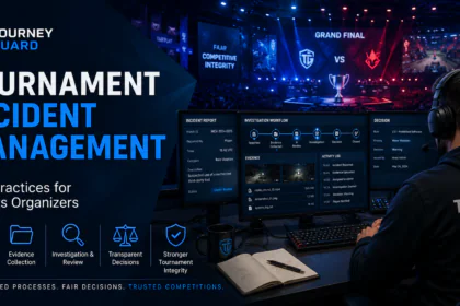 Tournament Incident Management dashboard showing incident reports, evidence collection, investigations, and transparent decision-making for esports tournament organizers.