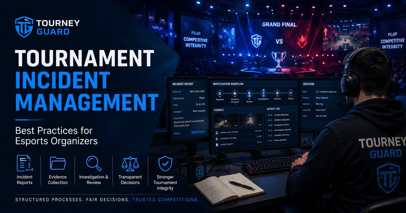 Tournament Incident Management dashboard showing incident reports, evidence collection, investigations, and transparent decision-making for esports tournament organizers.