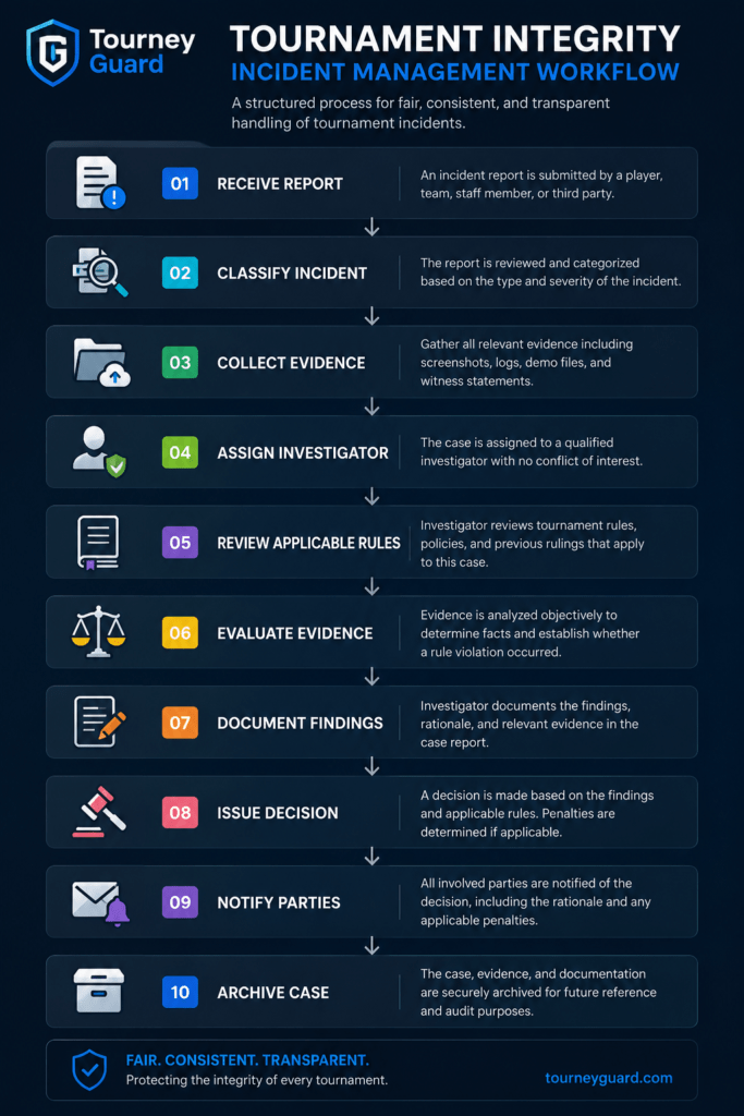 What Is Tournament Integrity incident management workflow showing the process from incident reporting to case resolution in esports tournaments