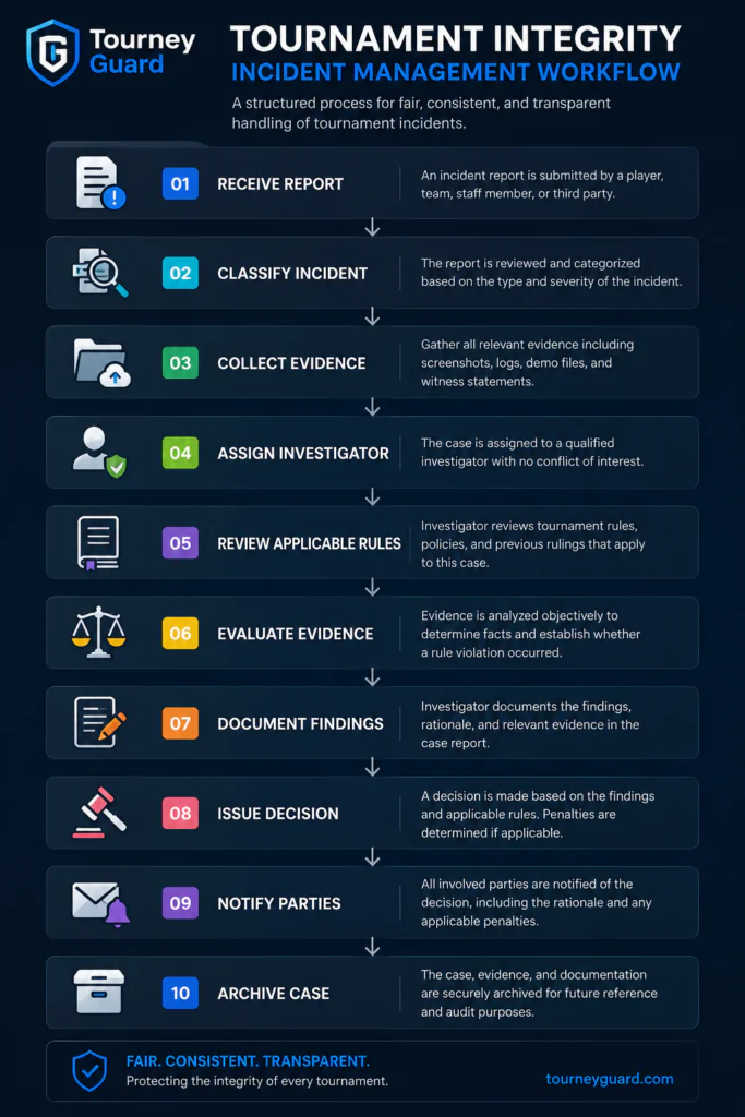 What Is Tournament Integrity incident management workflow showing the process from incident reporting to case resolution in esports tournaments