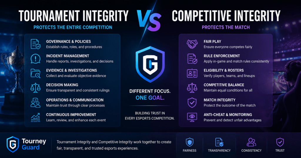 Tournament Integrity vs Competitive Integrity comparison illustrating the differences between tournament governance, incident management, fair play, and competitive fairness in esports.
