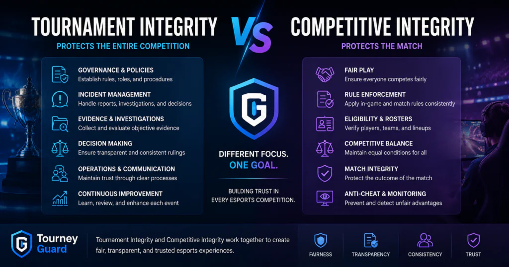 Tournament Integrity vs Competitive Integrity comparison illustrating the differences between tournament governance, incident management, fair play, and competitive fairness in esports.