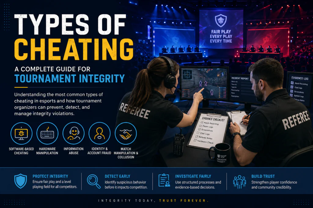 Types of Cheating in esports tournament integrity showing referees investigating competitive incidents and evidence during a professional tournament.