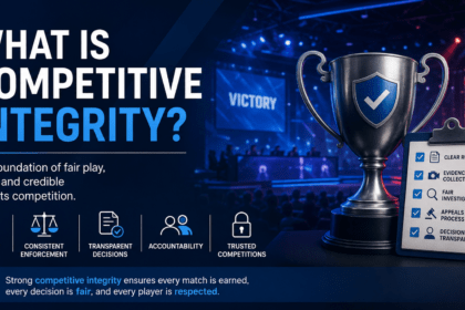 What is competitive integrity infographic showing fair play, transparent governance, evidence-based investigations, consistent rule enforcement, and tournament integrity in esports.
