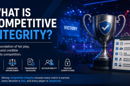 What is competitive integrity infographic showing fair play, transparent governance, evidence-based investigations, consistent rule enforcement, and tournament integrity in esports.