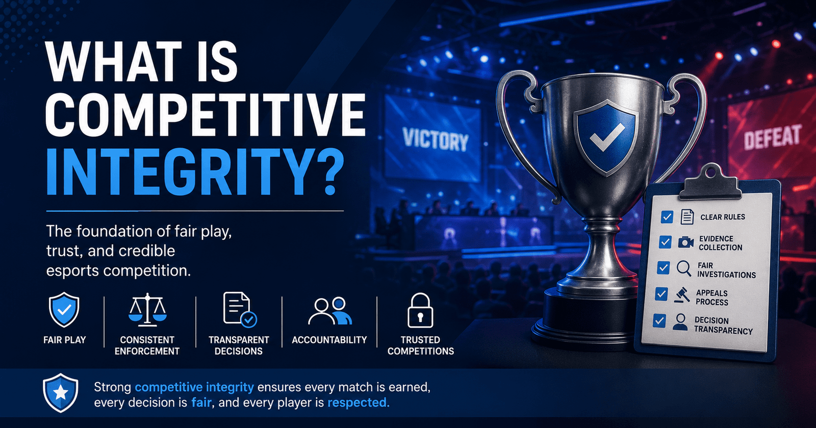 What is competitive integrity infographic showing fair play, transparent governance, evidence-based investigations, consistent rule enforcement, and tournament integrity in esports.
