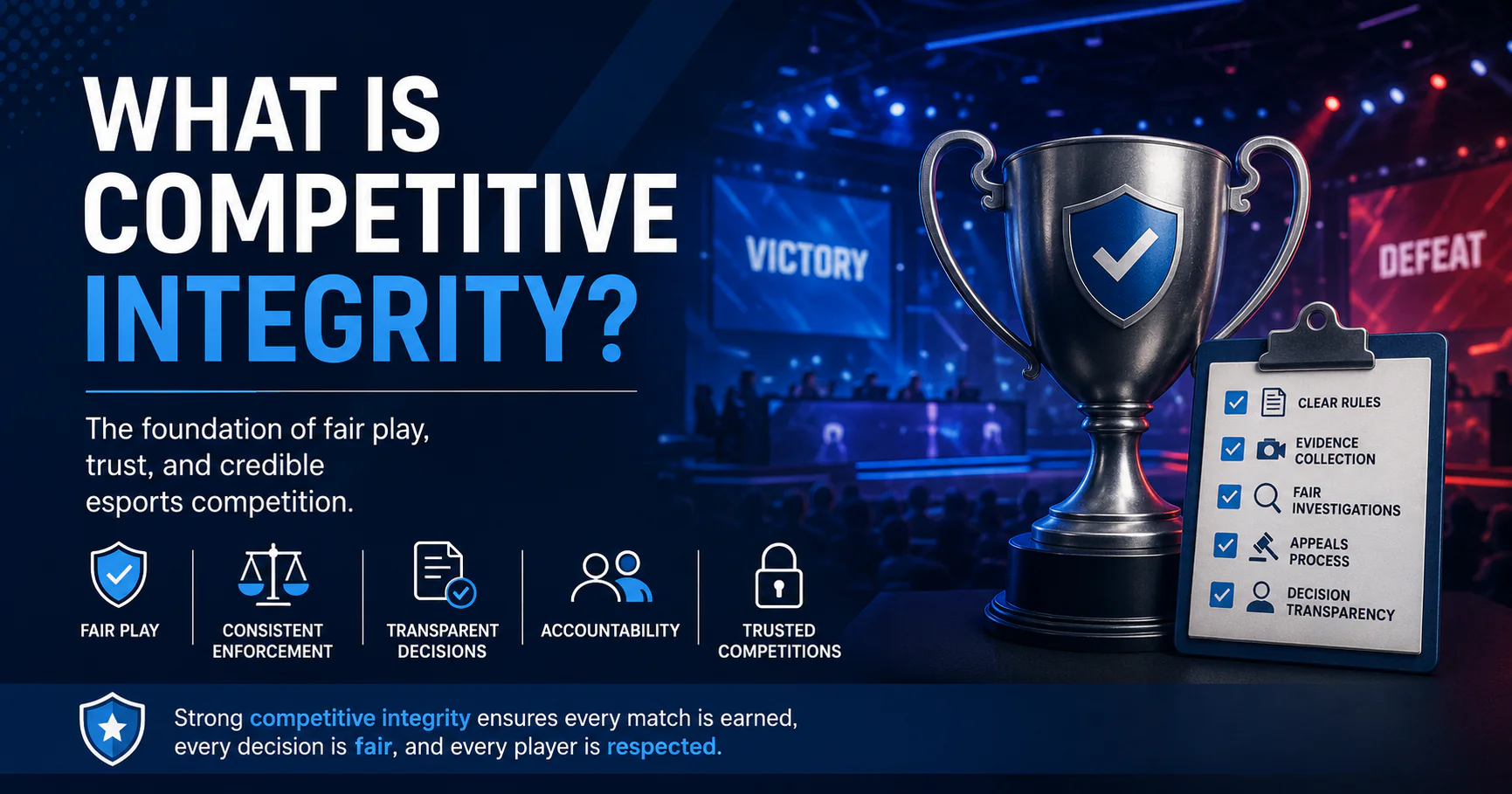 What is competitive integrity infographic showing fair play, transparent governance, evidence-based investigations, consistent rule enforcement, and tournament integrity in esports.