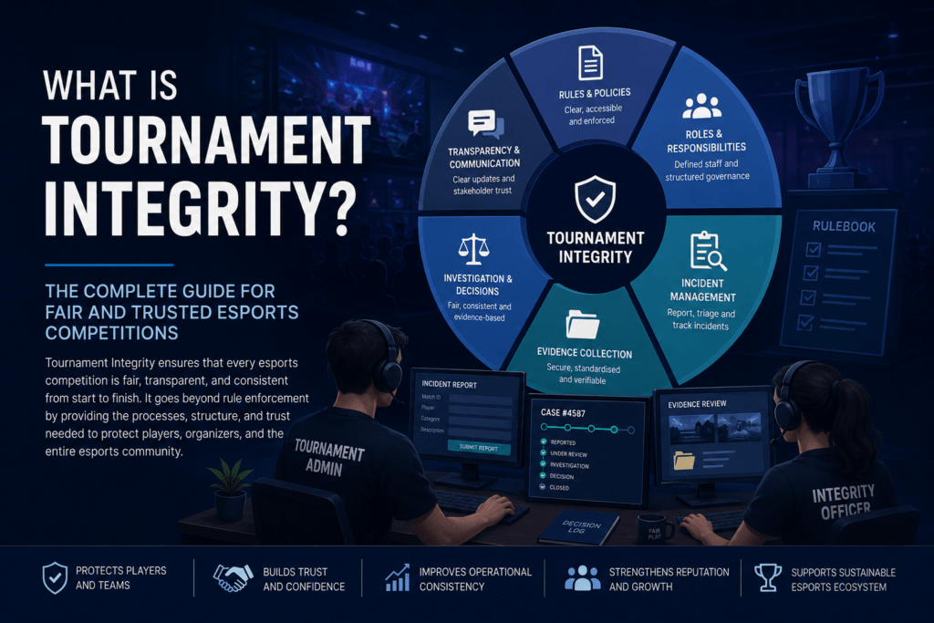 What Is Tournament Integrity infographic illustrating the core principles of fair, transparent, and trusted esports tournament administration