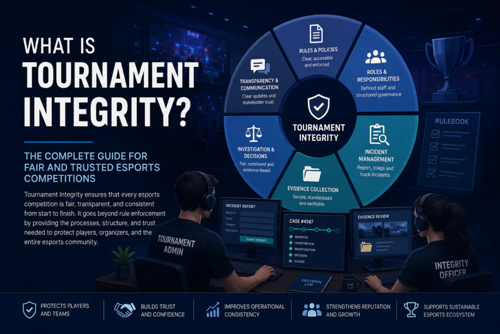 What Is Tournament Integrity infographic illustrating the core principles of fair, transparent, and trusted esports tournament administration