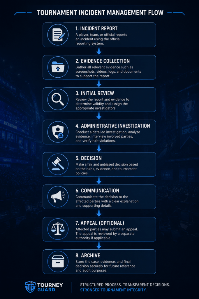Tournament Incident Management workflow showing the complete incident lifecycle from incident report and evidence collection to investigation, decision, communication, appeal, and archive.