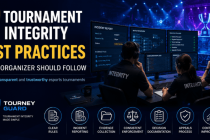 Tournament Integrity Best Practices illustrated through an esports tournament operations team managing incident reporting, evidence collection, rule enforcement, and transparent decision-making.