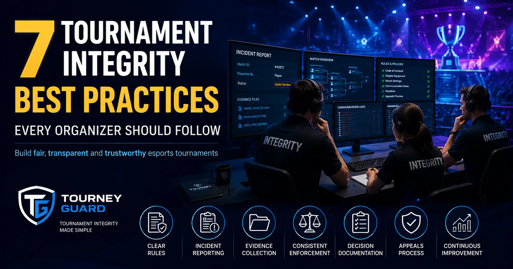 Tournament Integrity Best Practices illustrated through an esports tournament operations team managing incident reporting, evidence collection, rule enforcement, and transparent decision-making.