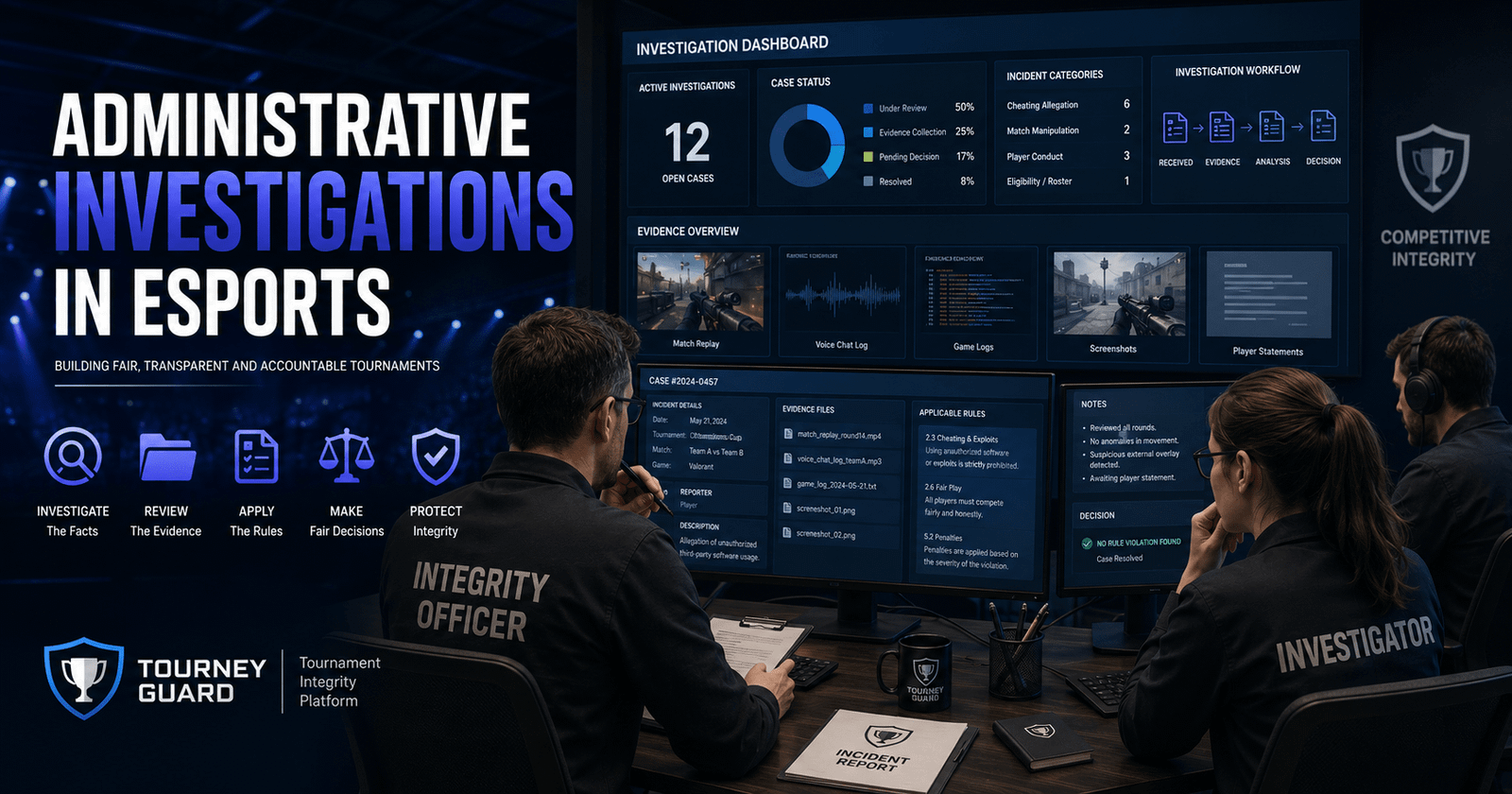 Administrative Investigations in Esports illustrated through professional tournament administrators reviewing evidence, incident reports, and investigation workflows.