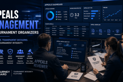 Appeals Management for Tournament Organizers illustrated through esports administrators reviewing appeal requests, investigation records, evidence, and tournament rules in a professional governance environment.