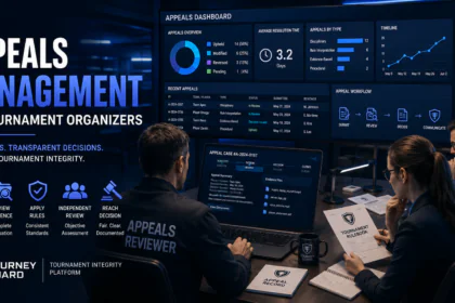 Appeals Management for Tournament Organizers illustrated through esports administrators reviewing appeal requests, investigation records, evidence, and tournament rules in a professional governance environment.