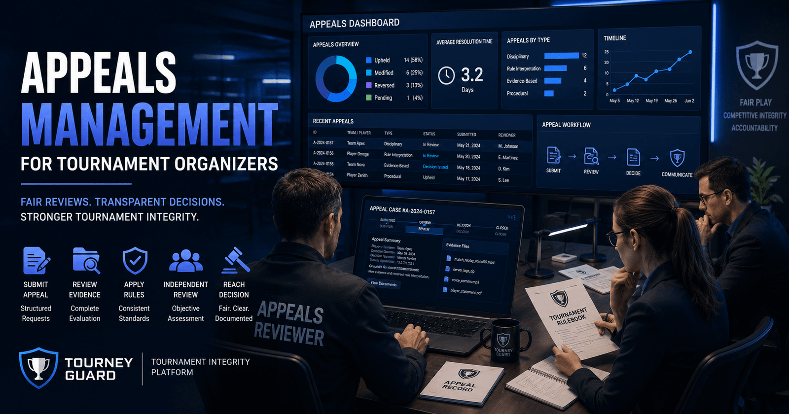 Appeals Management for Tournament Organizers illustrated through esports administrators reviewing appeal requests, investigation records, evidence, and tournament rules in a professional governance environment.