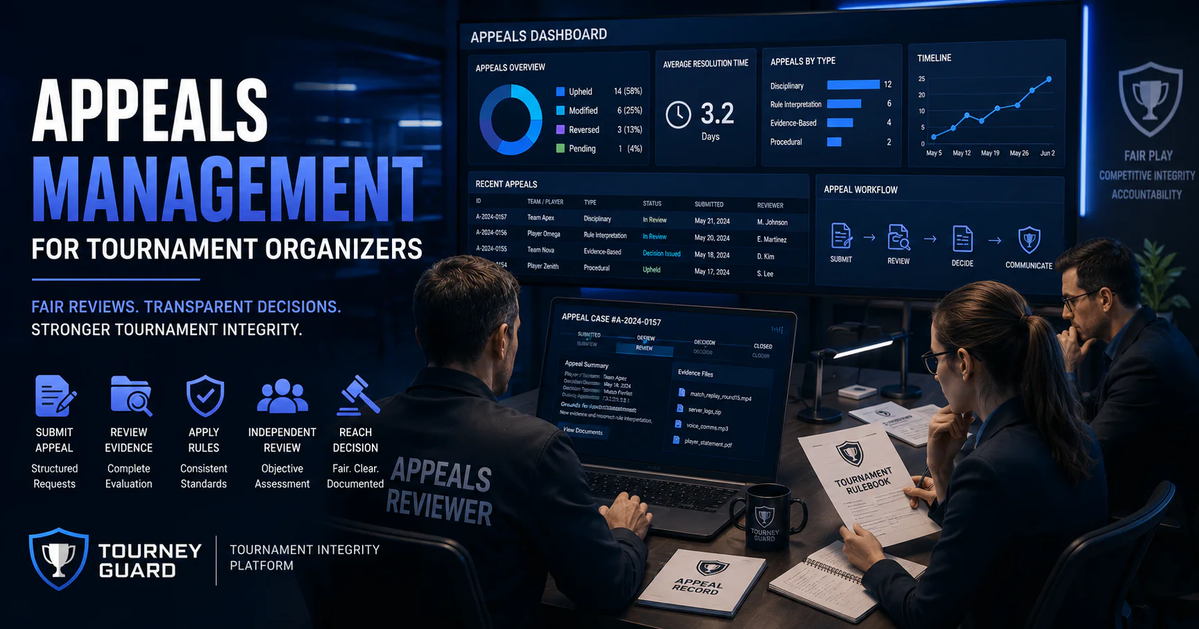 Appeals Management for Tournament Organizers illustrated through esports administrators reviewing appeal requests, investigation records, evidence, and tournament rules in a professional governance environment.