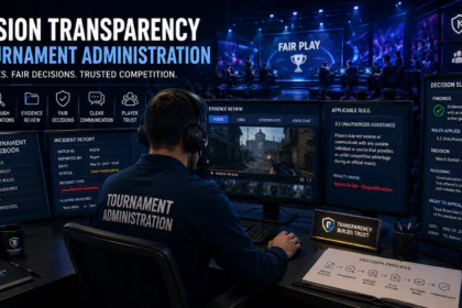 Decision Transparency in Tournament Administration illustrated through esports officials documenting investigations, reviewing evidence, and communicating fair administrative decisions.