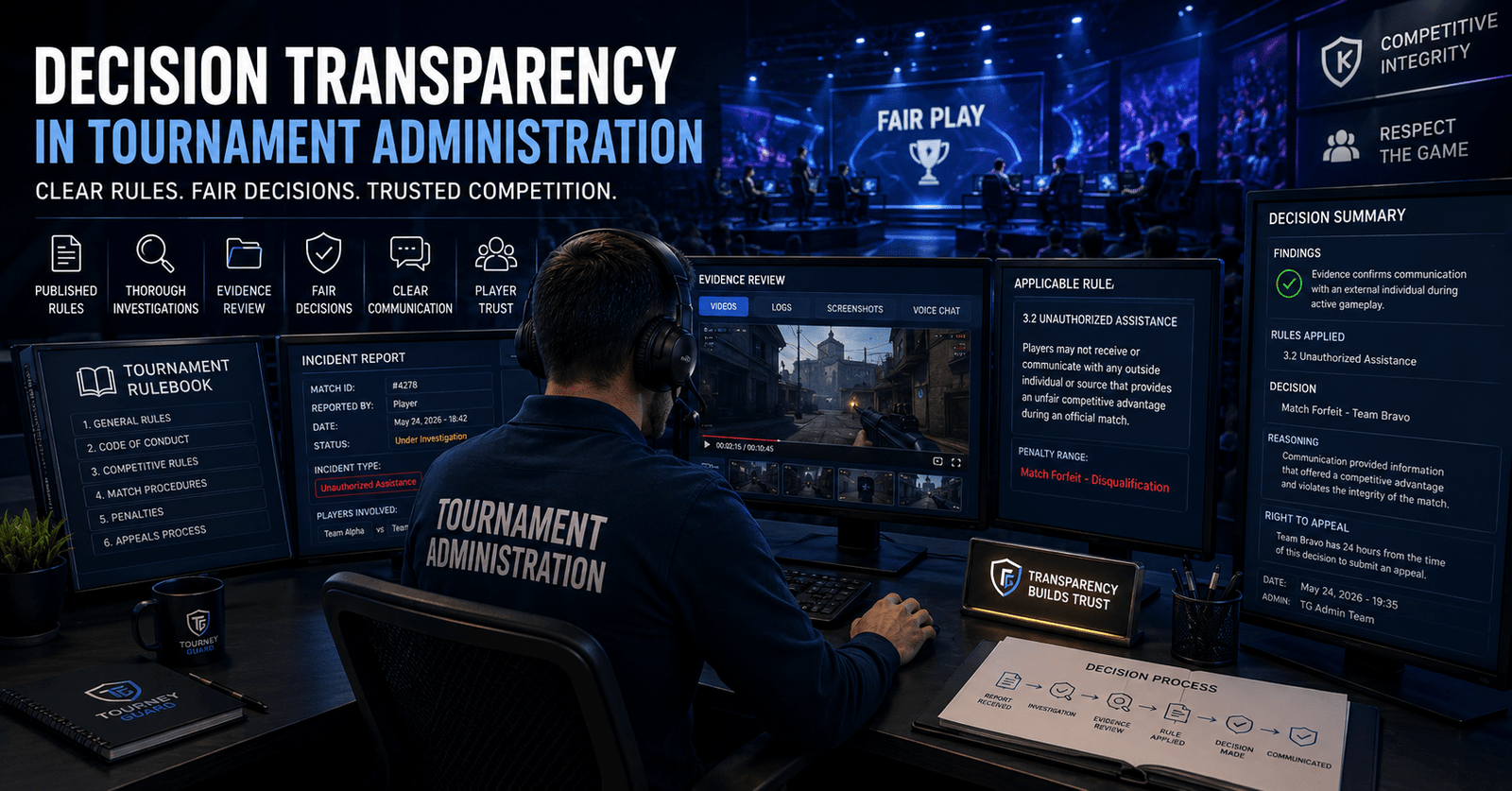 Decision Transparency in Tournament Administration illustrated through esports officials documenting investigations, reviewing evidence, and communicating fair administrative decisions.