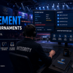 Rules Enforcement in Esports Tournaments illustrated through professional tournament administrators reviewing incidents, evaluating evidence, applying tournament rules, and documenting fair decisions.