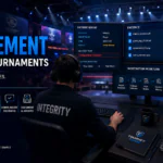 Rules Enforcement in Esports Tournaments illustrated through professional tournament administrators reviewing incidents, evaluating evidence, applying tournament rules, and documenting fair decisions.