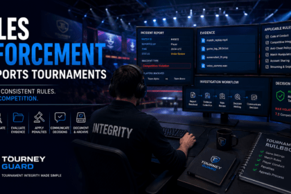 Rules Enforcement in Esports Tournaments illustrated through professional tournament administrators reviewing incidents, evaluating evidence, applying tournament rules, and documenting fair decisions.