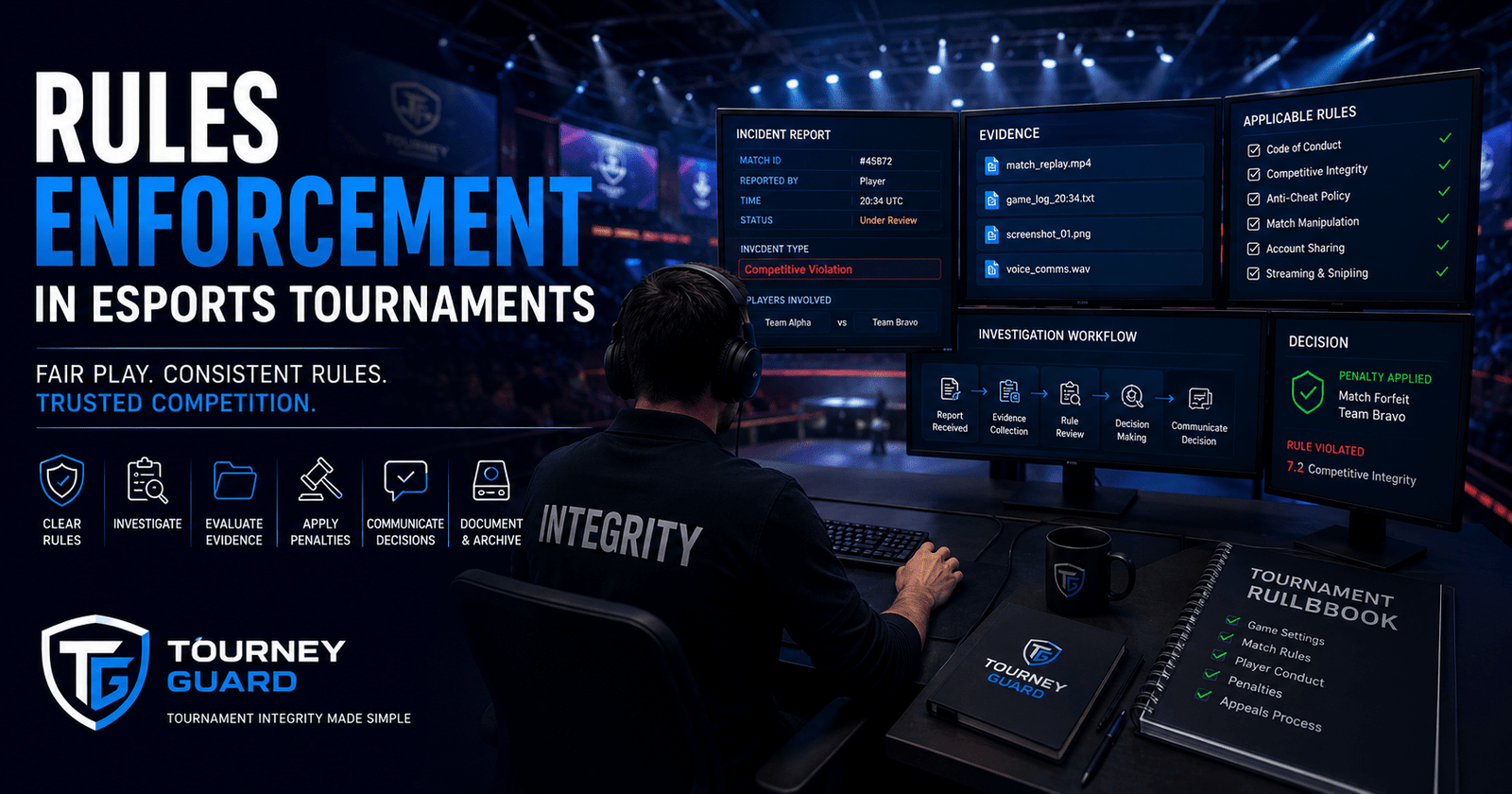 Rules Enforcement in Esports Tournaments illustrated through professional tournament administrators reviewing incidents, evaluating evidence, applying tournament rules, and documenting fair decisions.