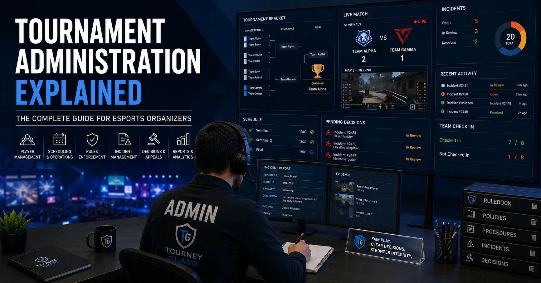 Tournament Administration Explained through professional esports administrators managing player registrations, tournament operations, incident reports, rule enforcement, and competitive integrity.