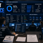 Tournament Compliance Explained illustrated through esports administrators monitoring compliance dashboards, governance policies, eligibility verification, and tournament operations.