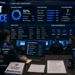 Tournament Compliance Explained illustrated through esports administrators monitoring compliance dashboards, governance policies, eligibility verification, and tournament operations.