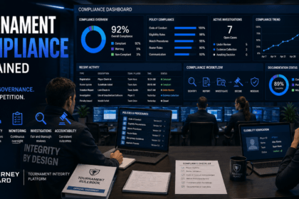 Tournament Compliance Explained illustrated through esports administrators monitoring compliance dashboards, governance policies, eligibility verification, and tournament operations.