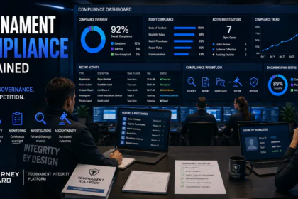 Tournament Compliance Explained illustrated through esports administrators monitoring compliance dashboards, governance policies, eligibility verification, and tournament operations.