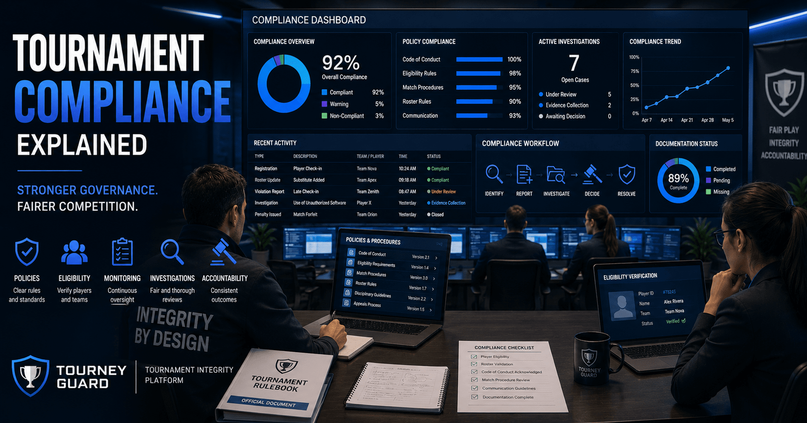 Tournament Compliance Explained illustrated through esports administrators monitoring compliance dashboards, governance policies, eligibility verification, and tournament operations.