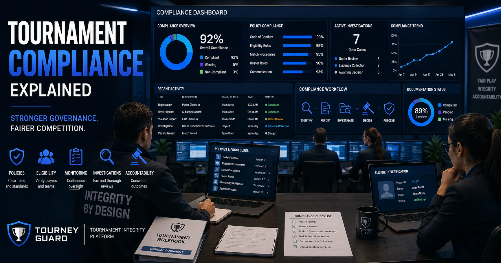 Tournament Compliance Explained illustrated through esports administrators monitoring compliance dashboards, governance policies, eligibility verification, and tournament operations.