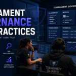 Tournament Governance Best Practices illustrated through professional esports administrators managing governance policies, investigations, decision workflows, and tournament integrity.